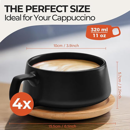 MIAMIO - Cappuccino Cup Set of 4, Ceramic (11oz), Wide - Luxe (Black) | Ceramic cappuccino cups and saucers, wide latte cups and mugs for Americano, 4-piece set of ceramic cups, dishwasher safe