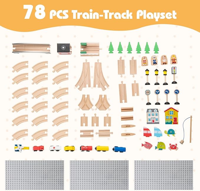 Costzon Train Table, 5 in 1 Kids Activity Wooden Set w/ 78 Pieces Railway Playset, Reversible Map Top, Blackboard, Building Bricks Station & Large Storage Space, Toddler Sensory Table for 18 M+