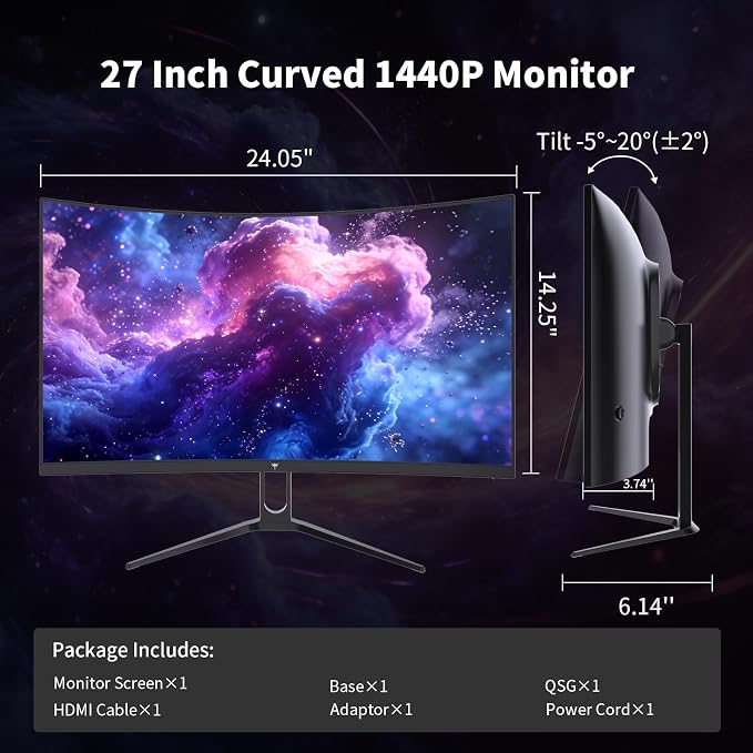 KTC H27S5C 27 Inch Curved Gaming Monitor, 1440P QHD 144Hz Monitor, HDR 400 | 2560x1440 120Hz Curve Monitors, 1500R HVA Panel, Adaptive Sync, 400nits, 129%sRGB, HDMI DP, Eye Care VESA 100x100 Mount