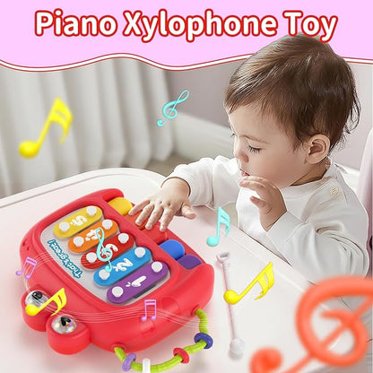 usrela 4 in 1 Baby Toy for 12 18 Month, Learning Toys for Babies 12-18 Months, Baby Busy Cube, Stacking Sorter, Pull String & Piano Xylophone Travel Toy, Birthday Gift for 1 2 Year Old