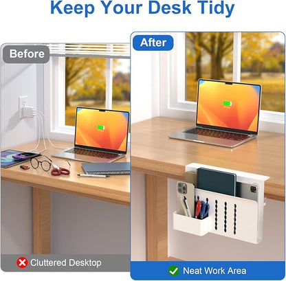 HAMOPY Desk Side Storage, Single-Layer Steel Hanging Desk Organizer with Magnetic Pen Holder, No Drilling Desk Drawer Cable Management Tray, Under Desk Laptop Holder for Office, School&Home(White)