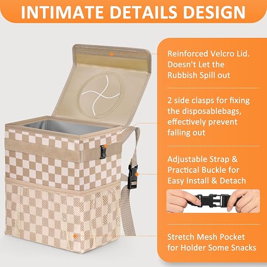 Vankor Car Trash Can Bin with Lid Hanging for Back Seat, Car Accessories for Women Men Leak Proof Automotive Garbage Cans Leakproof Vehicle Trash Can for Truck SUV,Khaki Checkered