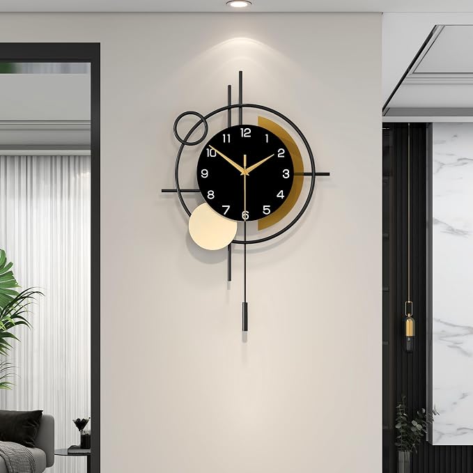 Wall Clock for Living Room Decor Decorative Wall Clock with Pendulum Silent Quartz Battery Operated Black Metal Large Clock for Dining Room,Kitchen,Home,Bathroom,Bedroom,13.8x21.3 in