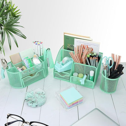 17 in 1 Green Desk Organizers and Accessories Set, 3 Office Desk Supplies Storage Organization, 4 Pens, Stapler, Staples & Remover, Tape & Dispenser, Scissors, Ruler, Clips, Hole Punch, Back to School