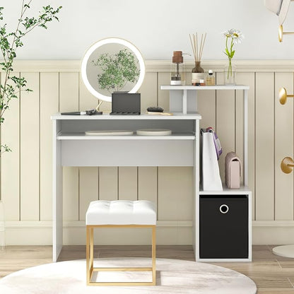 Tangkula Computer Desk with Fabric Drawer & Keyboard Tray, Space-Saving Study Writing Desk with Open Storage Shelves & Printer Stand, Modern Home Office Computer Workstation for Small Spaces (White)