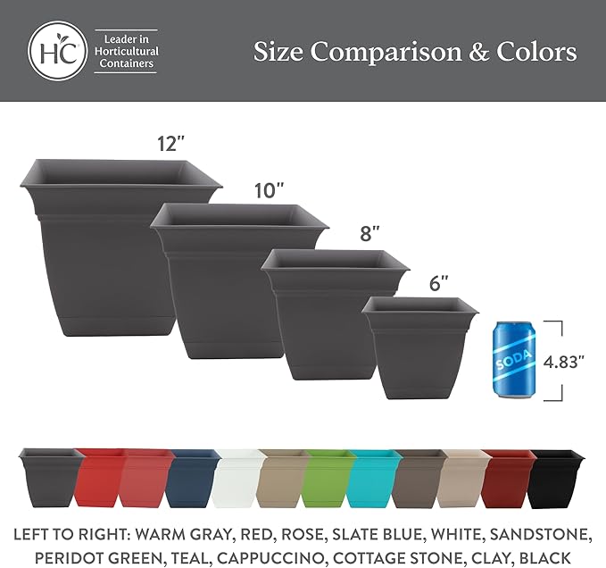 The HC Companies Eclipse Square Plastic Planter w/Attached Saucer - Outdoor & Indoor Plant Pot with Drainage Holes - Lightweight, UV-Resistant Plastic Pots for Plants (8" Sandstone, Pack of 1)