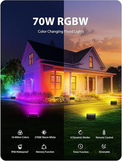 Onforu LED Flood Light Outdoor 700W Equiv, 70W Color Changing RGBW 2700K Floodlight with Remote, Stage Lighting Uplights for Events, IP66 Uplighting Outdoor Spotlight Floor Light for Halloween 4 Pack
