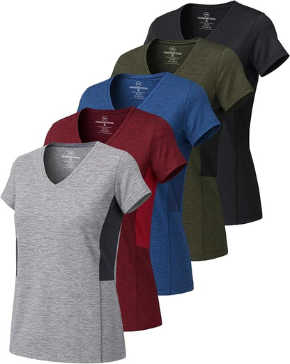 5 Pack Women's Dry Fit V Neck Workout Tops T Shirts Athletic Gym Yoga Tees | Available In Plus Size, Cooling Moisture-Wicking, Short Sleeve, Quick-Dry, Fitness, Stretch, Exercise, Running, Hiking