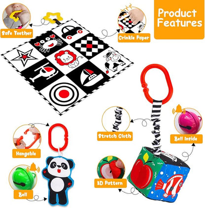 4 PCS Black and White High Contrast Baby Toys 0-3-6 Months Newborn Essential Toy for Babies Crinkle Sensory Book Brain Development Tummy Time Mirror Infant Carseat Rattle Shower Easter Gifts Boy Girl
