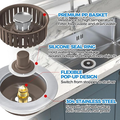 zaa 3 in 1 Kitchen Sink Drain Strainer Stopper Removable Basket Pop-Up | Kitchen Sink Accessories 1 Pack Brown Stainless - Food Catcher, Odor-Blocking Seal, Fits 3.5" Drain, Easy Clean