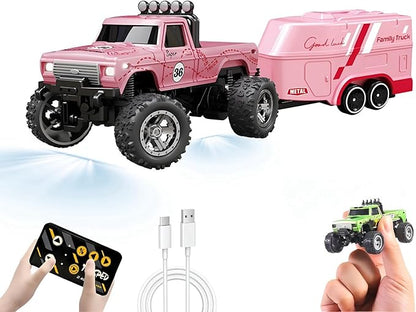 1:64 Scale Mini Remote Control Monster Truck with Trailer | 2.4GHz & App Dual Control, Alloy Mini RC Car with LED Lights, Portable Pocket Toy Car for Kids & Adults, Gift for Boys (Pink)