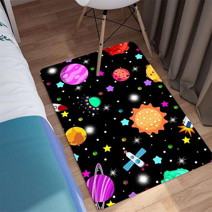 Space Rug - Space Rug for Boys Room Solar System Rug Planet Carpet for Kids Outer Space Area Rug Bedroom Boys Kids Rugs for Playroom Galaxy Rugs for Boys Bedroom,Black,2'×3'