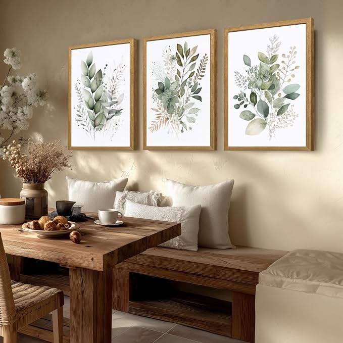 LLEEMPI Sage Green Wall Art Set of 3, Modern Watercolor Botanical Wall Decor, Eucalyptus Leaf Canvas Painting, Classic Minimalist Florals Poster Print for Bedroom Bathroom Office 12x16 Inch Framed Included (Total Size)