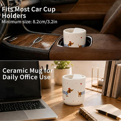 Ceramic Travel Coffee Mug 12 OZ, Cute Dachshund Pattern Coffee Cup, Handmade Style Ceramic Coffee Mug with Sip Hole for Women Men, Office Home Kitchen Gift