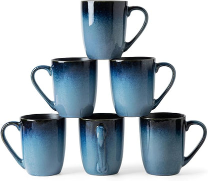 MONITO Large Ceramic Coffee Mugs Set with Handle for Tea/Latte/Cappuccino/Milk/Cocoa, Ice-Snow Blue 14oz, Set of 6, Funny Tea Cups for Office and Home