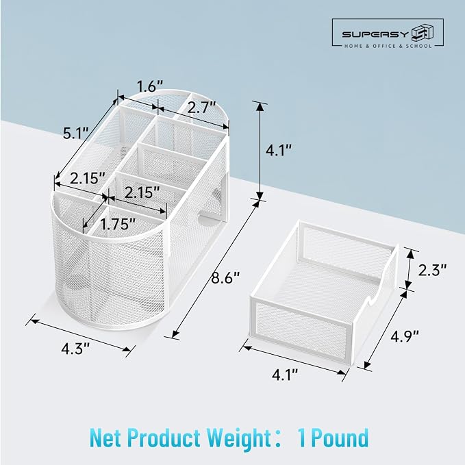 Mesh Desk Organizer with Drawer, 9-Compartment Pen Holder for Desk, White | Pull-Out Drawer Stores Pens, Pencils, Clips, Notes, and Small Office or School Supplies in One Compact Desk Caddy
