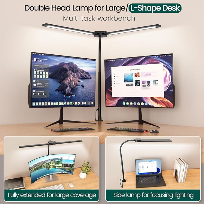 LED Desk Lamp with Wireless Remote, Dual Screen Computer Monitor Desk Lamps for Home Office, Eye Protection Modern Table Light Adjustable Flexible Gooseneck, for Architect Studio Working Reading
