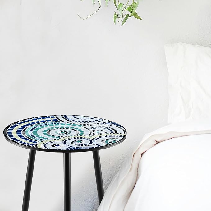 2 Packs Metal Mosaic Round Side Tables 13.4" Small Outdoor Patio Round Accent Coffee Tables Indoor Corner Stand for Small Spaces Weather-Resistant for Balcony, Porch Plant Stands Indoor