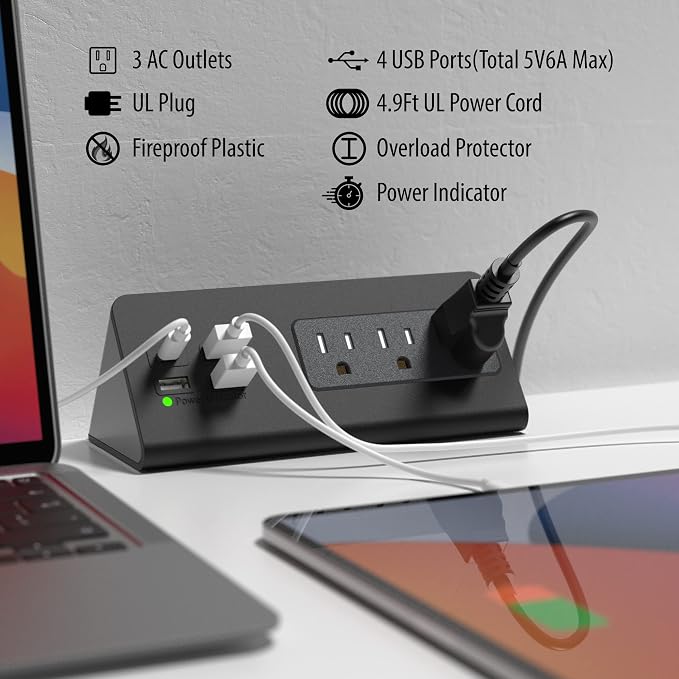 Nightstand Edge Mount Power Strip with USB-C Ports Tabletop Surge Protector Desk Clamp Power Sockets with 3 AC Outlets &4 Fast Charging USB Ports for Home Office Hotel and Dormitory (Black(2-Pack))