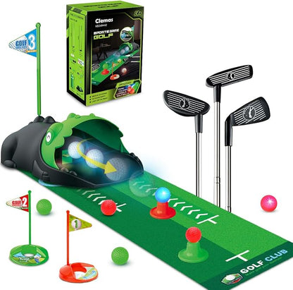 Clemas Upgraded Kids Toy Golf Set with Dinosaur Automatic Golf Returner, Led Light Up Night Golf Balls, 3 Clubs, Putting Mat, 3-8 Toddler Mini Golf Games, Indoor Outdoor Sports Toys for Boys Girls 3+