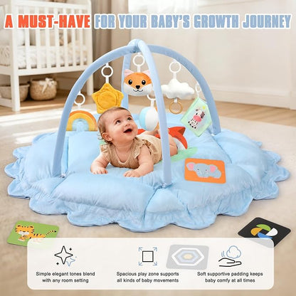 5-in-1 Baby Gym Play Mat with Cartoon Pattern, Extra Thick Plush Tummy Time Activity Gym with Hanging Toys, Sensory Development & Motor Skills Training Floor Mat, Fox