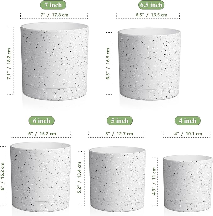 7/6.5/6/5/4 inch Plant Pots, 5 Pack Cylinder Flower Pots for Small Indoor Outdoor Plants, Plastic Planters with Drainage Holes and Saucers for Garden Succulent House Plants, Speckled White
