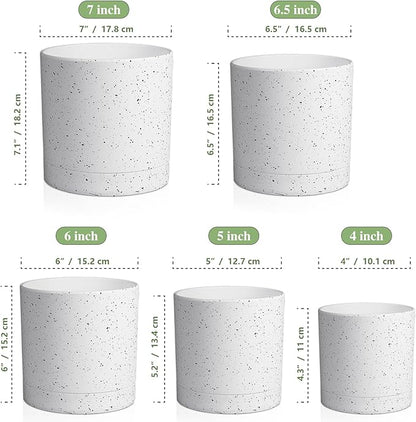 7/6.5/6/5/4 inch Plant Pots, 5 Pack Cylinder Flower Pots for Small Indoor Outdoor Plants, Plastic Planters with Drainage Holes and Saucers for Garden Succulent House Plants, Speckled White