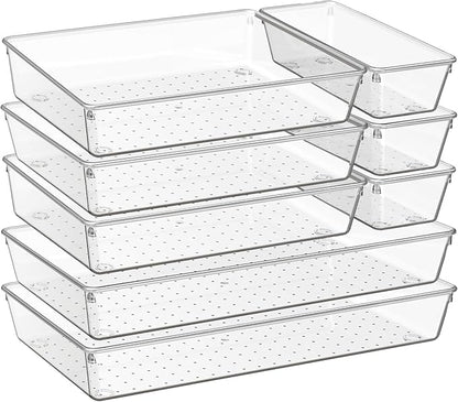 Criusia 8 Pack Drawer Organizer for Kitchen Gadgets, Large Clear Plastic Drawer Divider for Kitchen Accessories, Bathroom Organizers and Storage, Home Essentials for Makeup and Vanity Accessories