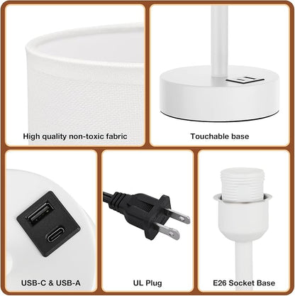 Dicoool Bedside Table Lamp for Bedroom - 3-Way Dimmable Touch Lamp, USB A+C | LED Bulb Included, 14" Small Nightstand Lamp for Desk, Living Room, Guest Room, White Fabric Lampshade, White Metal Base