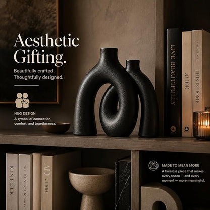Jas & Jax Matte Black Ceramic Hug Donut Vase Set – Nordic Boho Home Decor, Pampas Grass & Dried Flowers Centerpiece for Living Room, Console Table, Bookshelf or Mantel
