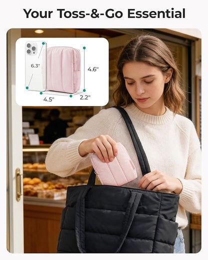 BAGSMART Small Makeup Bag for Women with Slip-in Pocket, Strip Khaki | Zipper Pouch, For Purse, Toiletry Pouch, Puffy Padded Mini Cosmetics Bag, Travel Essentials, Cute Make Up Organizer