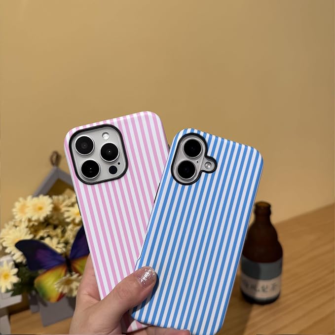 for iPhone 16 Pro Case Striped Cute Aesthetics Phone Case Trendy Protective Shockproof Cover for iPhone 16 Pro Pink White