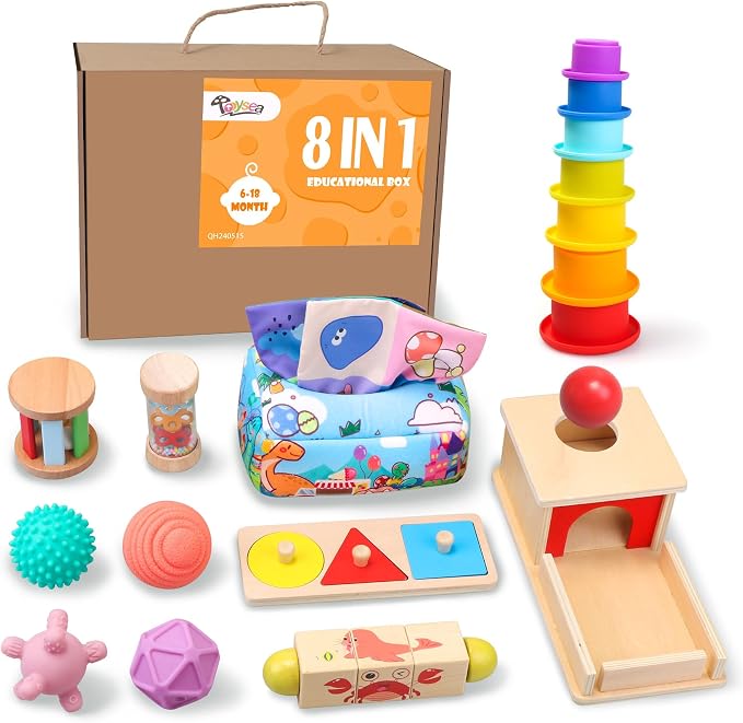 Montessori Toys for Babies 6-12 Months,1 Year Old,8 in 1 Baby Sensory Toy for 12-18 Months Toddler,Wooden Educational Development Toys with Soft Stacking Cup&Sensory Ball&Tissue Box