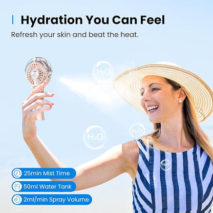 KIBEE Portable Misting Fan, 4000mAh Rechargeable Handheld Fan with 50ml Water Tank, Foldable 180° Mini Fan with Mist Spray, 3-Speed Personal Cooling Fan for Travel, Makeup, Concerts, Outdoor Use, Pink
