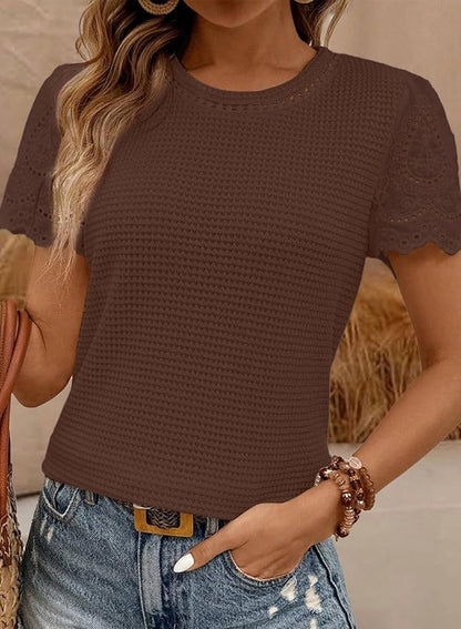 SHEWIN Womens Frenchy Summer Tops Crewneck Short Sleeve T Shirts Casual Waffle Knit Jacquard Blouses Top Shirts
