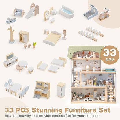 HONEY JOY Doll House, 4-Story Wooden Dollhouse Playset w/ 6 Rooms, 33 Accessories & Miniature Furniture, Pretend Play Toys Kit, 2.56 Feet Toddler Big Doll House, Gift for Kids Aged 3+