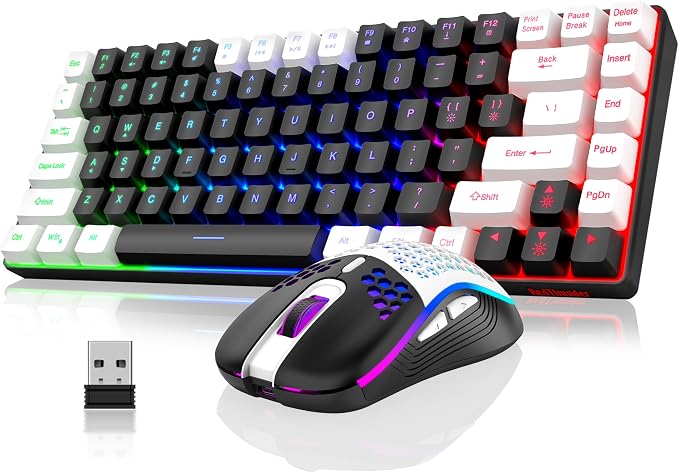RedThunder K84 Wireless Keyboard and Mouse Combo, Rainbow Backlit Rechargeable Battery, 75% Layout TKL Ultra Compact Gaming Keyboard & Lightweight 3200 DPI Honeycomb Optical Mouse (Black-White)