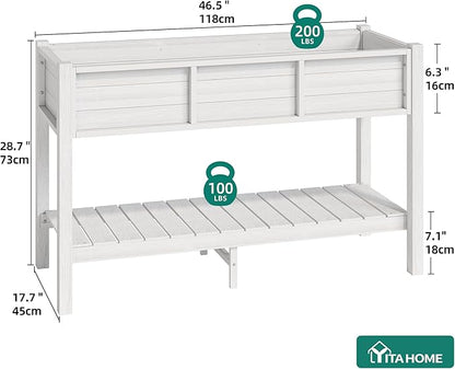 YITAHOME 48x18x30in Raised Garden Bed HDPE, Weather-Resistant Poly Lumber Planter Box with Legs & Storage Shelf, Elevated Garden Bed for Yard, Garden, Balcony - White