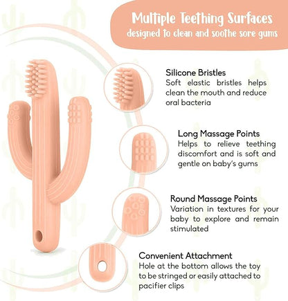 Cactus Teether, Baby Teething Toys for Babies, Self-Soothing Pain Relief Soft Baby Toothbrush for Babies, Toddlers, Infants, Boy and Girl, Natural Organic BPA Free(Peachy)