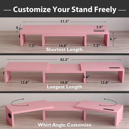 BONTEC Dual Monitor Stand Riser with Smartphone Holder, Adjustable Length & Swivel Angle, Ergonomic Wooden Desktop Organizer for PC Monitor, Laptop, Printer, Large Storage, 42.5 in, Pink