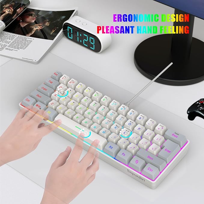 Snpurdiri 60% Wired Gaming Keyboard, 61 Keys RGB (Grey-White) | Backlit Small Gaming Keyboard for PC/Mac Gamer, Typist, Travel, Easy to Carry on Business Trip