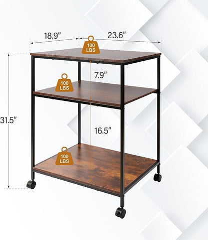 EMERIT 3-Tier Printer Stand for Laser/Inkjet/All-in-One - 23.6x18.9x31.5 Heavy Duty Cart w/Adjustable Shelves & Lockable Wheels, Storage for Scanner/Fax/Supplies - Industrial Home & Office