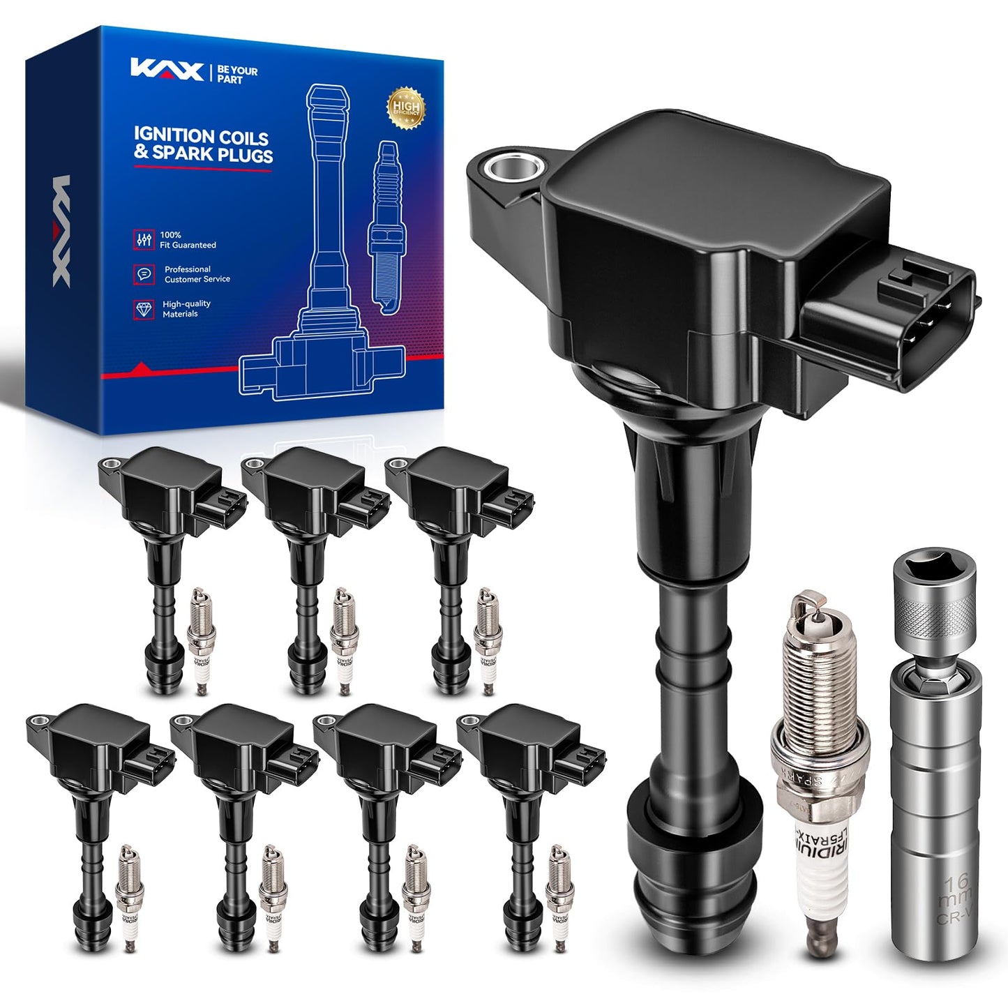 KAX Set of 8 Ignition Coil Pack & Iridium Spark Plugs w/Magnetic Socket for Nissan TITAN 2008-2015, Armada 2007-2015, INF QX56 2