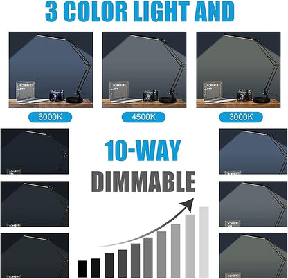 LED Desk Lamp with Clamp and Round Base,Eye Caring Table Lamp with Swing Arm,3 Color Modes 10 Brightness Levels,Memory Function, Desk Light for Home Office with USB Adapter Black-14W