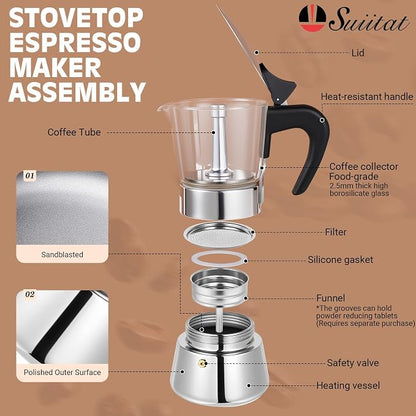 4 Cup 200ml Glass Moka Pot, Stovetop Espresso Maker, Silver | Crystal Glass-top & Stainless Steel Coffee Maker, Induction Compatible, for Greca de Cafe, Cuban and Italian Coffee Brewing