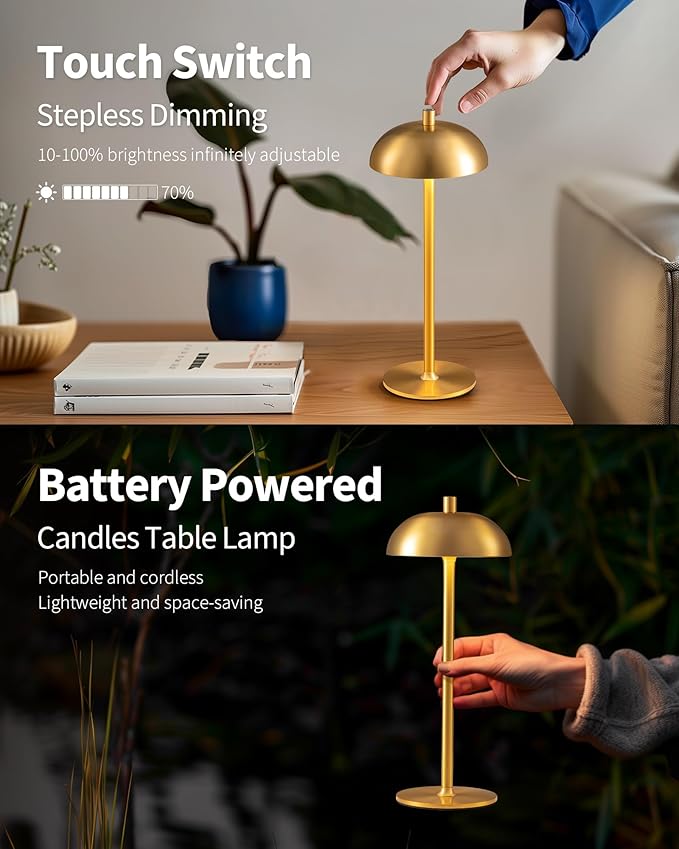 Cordless LED Table Lamp Set of 2, Modern Portable Desk Lamp, 3 Color Stepless Dimming Built-in Rechargeable Battery Lights, for Bedroom, Patio, Outdoor, Restaurant, Bedside Night Lamp(Gold)
