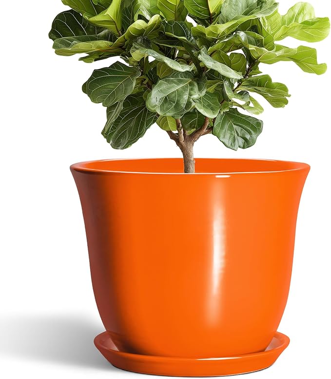 12 Inch Pots for Plants - Ceramic Planters Indoor with Drainage Hole and Saucer, Large Round Planter for Outdoor Plants, Decorative Flower Pot, Garden Decor, Plant Lover Gifts, Orange