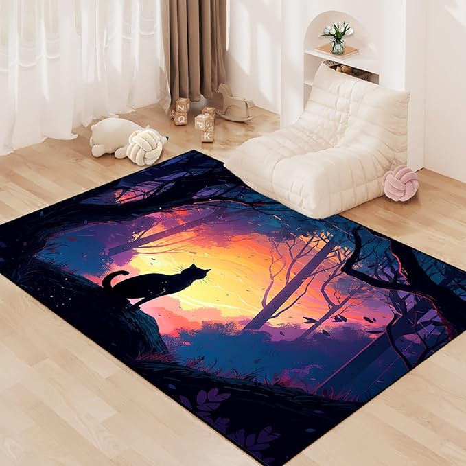 Magic Black Cat Rug - Moon Cat Rug for Girls Room Forestscape Cat Area Rug Black Cat Door Mat Colorful Rug with Black Cat Pattern, 3x5 Feet