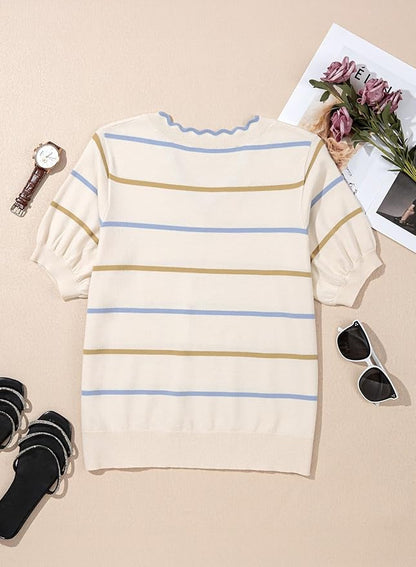 Dokotoo Womens Summer Short Sleeve Knit Tops 2026 Spring Trendy Casual V Neck Striped Sweater Blouses
