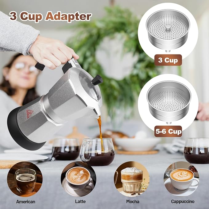 Electric Aluminum Moka Pot 3-6 Cup 150-270ml Espresso Maker | with Detachable Base Ideal Coffee Makers for Home MochaPot Italian and Cuban Café Coffeemaker Espressomaker CoffeePot Silver